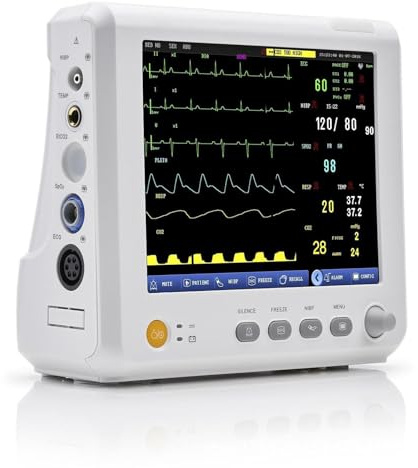 Vital Signs Machine,Multiparameter Patient Monitor,with 8 Touchscreen,5 Lead ECG Monitors,Built-in Battery,Respiration/Blood Oxygen/Blood Pressure/ECG Monitoring