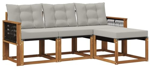 vidaXL Outdoor-Sofagarnitur mit Kissen 4 pcs Natürlich und Hellgrau, Garten-Sofa, modernes Lounge-Set für draußen, haltbar, gemütliche Terrasse-Sitze für jeden Anlass