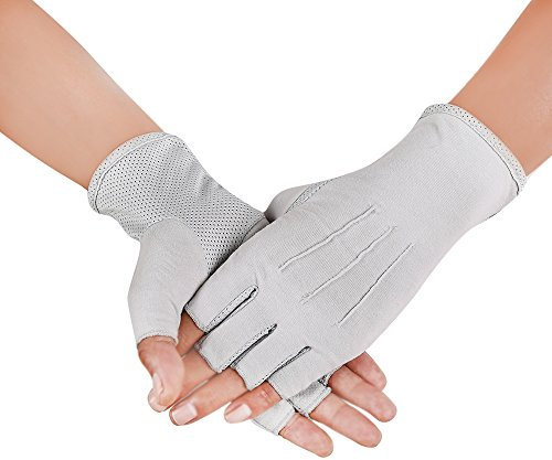JISEN Men Sunscreen Fingerless Cotton Gloves UV Protection Driving Polyester Mittens A-Gray1