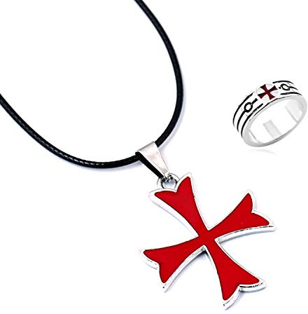 YouU 2 Pz Massonici Cavalieri Templari Crociati Croce Rossa Collana in Acciaio Inox e Anello per Gli Uomini