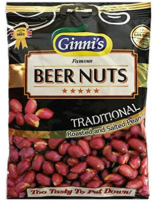 Ginni's Famous Traditional Beer Nuts - Pack of 10 - Perfectly Roasted & Salted Red Skin On Peanuts Non Alcoholic Party Bar Snacks - Vegan Friendly Non Alcoholic Crunch Snacks