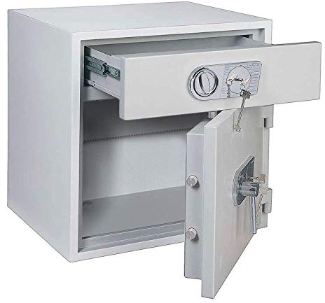 SafeHero Einwurftresor Klasse 1 EN 1143 Secureo Vulture Pro 2 | H670xB650xT550 | abschließbare Einwurfschublade | 2x Doppelbartschloss an Tresor & Schublade | Versicherungssumme € 20.000,-