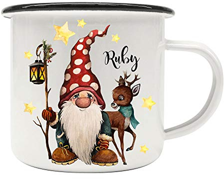 ilka parey wandtattoo-welt Emaille Becher Camping Tasse Winter Zwerg Reh & Name Wunschname Kaffeetasse Weihnachten Geschenk Weihnachtsmotiv eb483