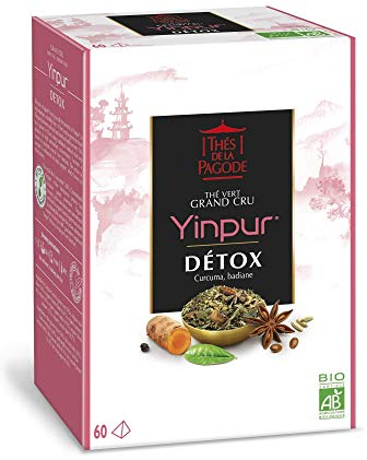 Thés de la Pagode - Thé Vert Bio Yinpur Détox et Digestif à la Badiane et au Curcuma - Action Diurétique - Goût Doux de Miel + Anis - Boîte de 60 Infusettes - 120 Grammes