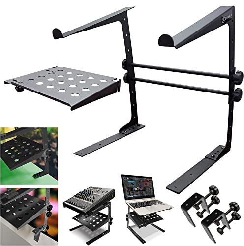 AxcessAbles Two-Tier Adjustable DJ Stand with Clamps | For DJ Controllers, Music Mixers, Laptops up to 20lbs.| DJ Controller Stand Compatible with DDJ-REV1, DDJ-FLX4 | DJ Laptop Stand (LTS-03 Black)