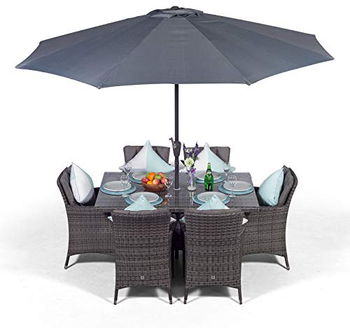 Giardino Savannah Rattan Garden Dining Set 6 Seater Outdoor Table & Chairs Patio Furniture with Parasol & Cover, Aluminium Frame, 150 x 100cm, Grey