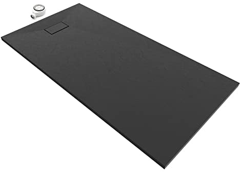 Moments of Glass Plato de ducha SMC Boreal 180x90 cm, Negro RAL 7021 – Antiderrapante, Textura Pizarra, Antibacteriano, Resistente a agentes químicos – Incluye válvula y rejilla