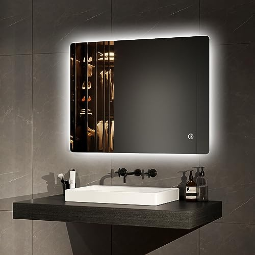 EMKE LED Badspiegel 80x60cm Badezimmerspiegel mit Beleuchtung mit Touchschalter+3 Lichtfarbe Dimmbar, 3 Stunden automatische Abschaltung Wandspiegel hinterleuchtet