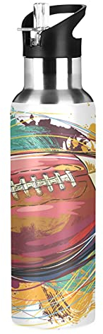 Vnurnrn Art Sport Rugby Football Bouteille d'eau Isotherme avec Paille en Acier Inoxydable Gourde 600ML, Sans Bpa Gourdes Eau pour Enfant Sport Randonnée École Bureau