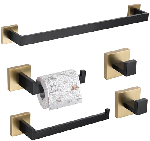 Turs 5-teiliges Badezimmer-Zubehörset, Handtuchstange, Haken, Toilettenpapierhalter, Handtuchring, zur Wandmontage (Schwarz + Gold)
