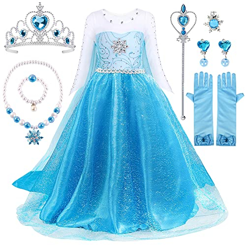 TOLOYE Robe Princesse Fille, Déguisement Princesse avec Couronne, Collier et Ensemble, Robe Princesse, Jupe Tulle Longue pour Anniversaire, Cosplay et Fête de Mariage