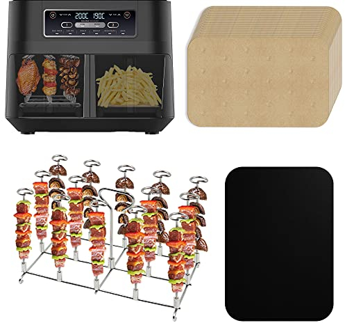 Edelstahl Spießen Grillrost mit 100xBackpapier kompatibel mit Ninja Foodi AF300EU AF400EU Heißluftfritteuse, Vertikaler Spieß Rack Set - Gestell mit Spieße mit Wiederverwendbar Matte Für Ninja Foodi