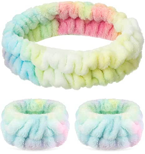 Chuangdi 3 Stück Spa Gesicht Stirnband Handgelenk Waschbänder Set Weiches Makeup Haarband Elastisch Handgelenk Schweißband Flauschiges Kosmetik Stirnband für Damen Mädchen (Bunt, Tie Dye)