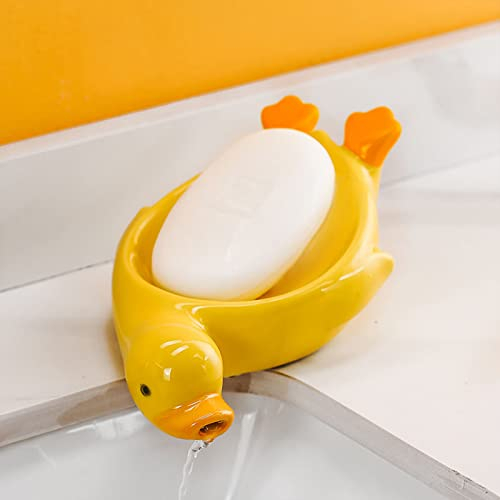 UIYIHIF Porte-savon de douche en céramique avec auto-drainant en forme de canard mignon pour douche, salle de bain, baignoire, évier de cuisine