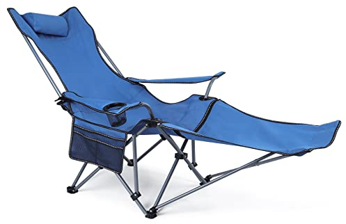 Outplea Campingstuhl mit Fußablage, Faltbarer Strandstuhl Liegesessel Verstellbar, Liegestuhl Klappbar zum Picknick Garten Angeln, Blau