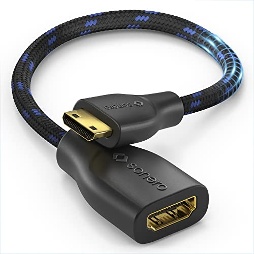Sonero® Adaptateur Portsaver Mini HDMI vers HDMI 4K, Premium High Speed, Prise Mini HDMI C vers Prise HDMI A, Contacts plaqués Or, Double Blindage, Gaine Coton, 0.15m