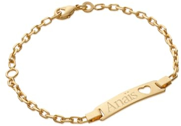 Tata Gisèle Pulsera infantil chapada en oro de 18 quilates, placa para grabar con corazón calado, 14/16 cm, grabado incluido, 16 cm, oro