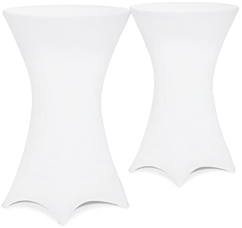 DETEX® Stehtisch Hussen Ø 80-85cm Weiß 2er Set Rund 30°C Waschbar Verstärkte Standfüße Knitter- & Bügelfrei Stretch Stehtischhusse Hochzeit Party Deko