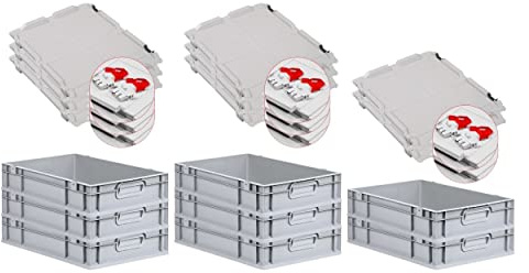 PROREGAL SuperSparSet 8x Eurobox NextGen Grip mit Scharnierdeckel und roten Schiebeschnappverschlüssen, HxBxT 12x40x60cm, 23 L, Grau, Griffe geschlossen, Eurobehälter, Transportbox