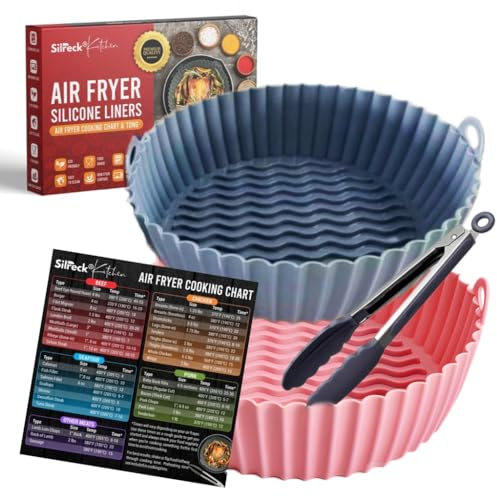 Silicone Air Fryer Liner I Reusable Air Fryer Liners Air Fryer Accessories - Pack 2 Air Fryer Liners Replacement for Disposable Parchment Paper Liner with Cooking Chart & Tong (Grey+Pink)