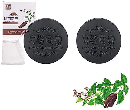He Shou Wu Hair Soap-Thick Black Thick Hair Solid Shampoo Bar, Natural Mild Handmade He Shou Wu Soap, Deep Cleansing Hairand Scalp with Bubble Mesh Cover (2 PCs)
