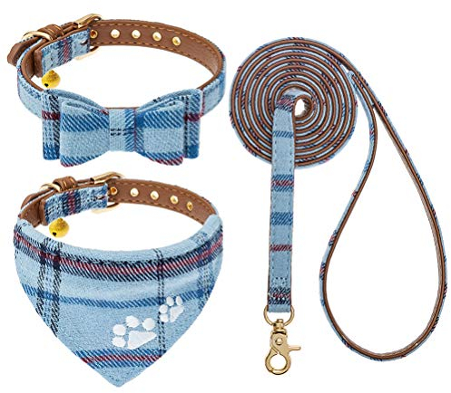 EXPAWLORER Stickerei Hundehalsband mit Leine - Verstellbarer Hundehalsband und Leine Set, weicher schöner Hundehalsband mit Tuch und Schleife, modernes Design ideal für Katzen und Hunde, Blau XS