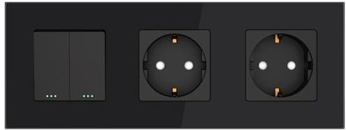 PULSAR Wechselschalter Doppelt mit Steckdose Schwarz Glas 3-Fach, Serienschalter und Schuko-Steckdose mit Kindersicherung Unterputz 16A 228 x 86mm