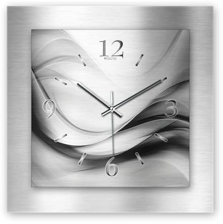 Kreative Feder 3D Designer-Wanduhr aus gebürstetem Aluminium leise Wanduhr ohne Ticken quadratisch 40x40cm (Abstrakt Silber, leises Quarzuhrwerk)