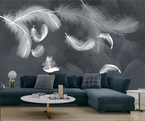 Papier Peint Panoramique Noir et Blanc 3d Soie, 500 X 280 cm Plumes Peintes à la Main - Grandes Murales Poster pour Salon, Adulte Chambre d'enfants, Étude Décoration