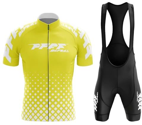 FFFF & OLFEH Radtrikot Set Herren Kurzarm, Herren Fahrradtrikot Set, Atmungsaktiv Und Schnelltrocknend für MTB Rennrad Fahrrad Jersey + Trägerhose/Radlerhose für Radsport (Gelb,6XL)