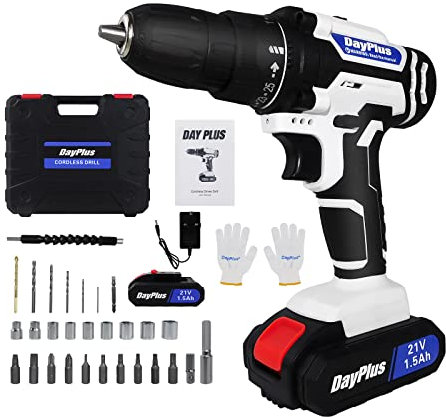 Cordless Drill Driver 21V,Cordless Drill Power Tool Electric Screwdriver,25+1 Torque,2 Speed,LED Light,29 Accessories,Cordless Combi Drill Kit for Home and Garden DIY, (1 Battery)-White…