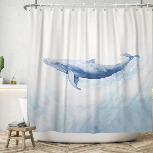 Ttincceer Cortina de Ducha Ballena 105x160cm Azul Acuarela pez Vida Marina Cortina de baño Submarino Paisaje Abstracto mar Ola Cortinas de Ducha Lavable bañera Cortina