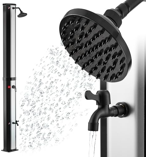 Zelsius Melton Douche solaire avec robinet, douche de pieds, noir, argent, douche de jardin 60 litres, froid et chaud, max. 60 °C, raccord de tuyau d'arrosage, douche de jardin, douche extérieure,
