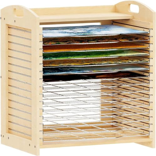 bimiti Art Drying Rack Wooden Desktop Paint Drying Rack Wall Mount Wood Artwork Storage Rack with 15 Metal Shelves Platform Art Canvas Storage for Classroom Painting Crafts