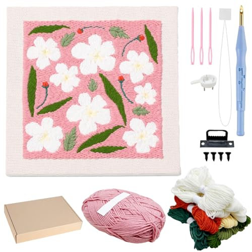 Allazone Punch Needle Stickerei Set für Anfänger, Rahmen Stanznadel Stickerei Starter Kit, Quadratisch Punch Needle mit Blumenmuster, Stickrahmen, Garne, Stanznadel (Rosa und Weiß)