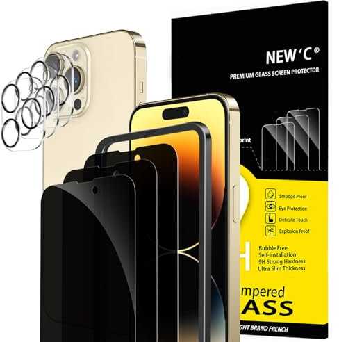 NEW'C 3 x Sichtschutz für iPhone 14 Pro Max für Panzerglas (6,7 Zoll) und 3 x Kamera Panzer Schutz Glas Kameraschutz-Einfaches Installationswerkzeug enthalten-Verbesserter 28-Grad-schutzwinkel