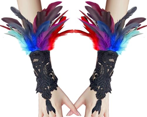 YUNHENTONG Federhandschuhe Damen Halloween, 1 Paar Vintage Fingerlos Federmanschetten Gothic Lang Spitzen Feder Handschuhe für Halloween Rollenspiele Kostüm Dekoration, Partys, Hochzeiten