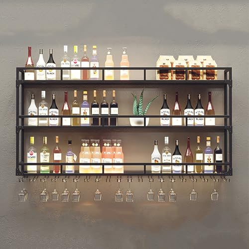 Modernes, an der Wand montiertes Weinregal mit Weinglashalter und LED-Beleuchtung, stabile schwebende Barregale aus Metall, Präsentationsregal für Spirituosenflaschen, Weinlagerregale aus Eisen,