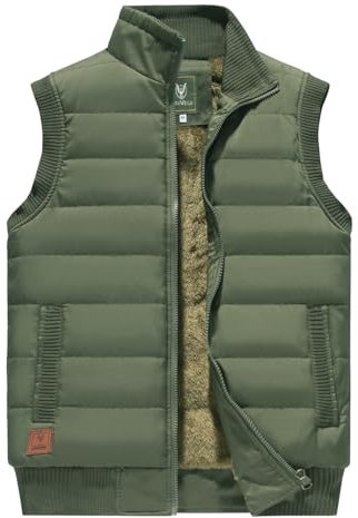 Sukany Men's Warm Vest Winter Fleece Lined Stand Collar Jacket Outdoor Work Sleeveless Zipper Padded Puffer Waistcoat Thermal Outerwear Army Green XL