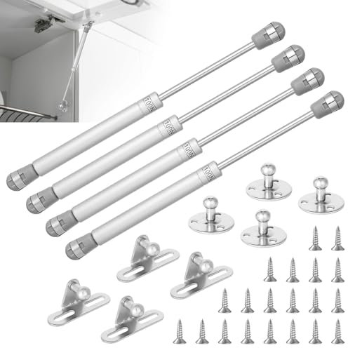 4 Pcs Gas Struts 100N 10KG Gas Strut Heavy Duty Cabinet Door Hinges Gas Lift Strut Kit for Kitchen Cupboard Wardrobe Cabinet Door Toy Box, Silver