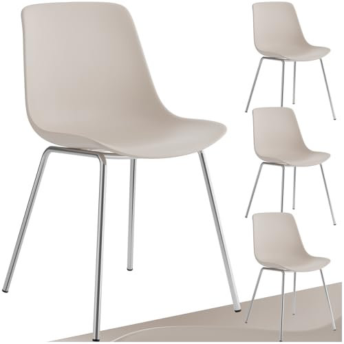 tectake® 4er Set Esszimmerstühle, modernes Design, Kunststoff Stühle mit schlanken Stahlbeinen, ergonomische Küchenstühle mit rutschfesten Kappen, bequemer Bürostuhl, leichte Reinigung - Taupe/Chrom