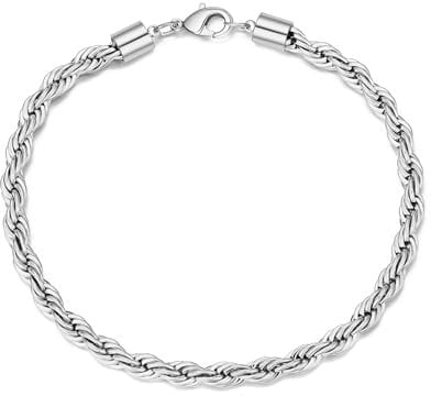 Philip Jones Men's 5mm Stainless Steel Round Rope Wheat Chain Bracelet (7.5 to 8.5 Inch) (8.5 Inch)
