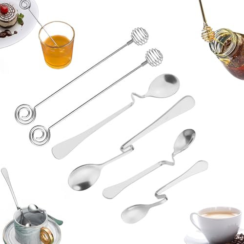 6 Stück Honiglöffel Edelstahl, Marmeladenlöffel Irregulär Honig Löffel Set Sirup Dipper Hängender Jamlöffel mit Spiral Dessertlöffel für Marmelade Joghurt Melasse