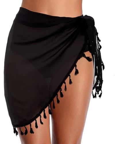 AOWVUTS Strand Wrap Sarong Damen Wickeltuch Chiffon Badeanzug Kurz Sexy Bikini Sonnenschutz Decke Cover-up Mesh Badebekleidung Schals Wickelrock Sarong Pareo mit Quasten für Urlaub Strandkleider