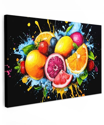MuchoWow© Bilder Groß 120x80 cm XXL Wohnzimmer Deko Modern Wandbild Kunstdruck auf Leinwand Bild Schlafzimmer über Bett Room Decor Geschenke Frucht - Graffiti - Bunt - Orange - Erdbeere - Abstrakt
