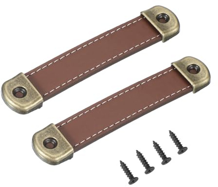 PATIKIL 2 Stück Leder-Schubladengriffe mit Eisenschiene Hellbraun 4,4 | Lederriemen-Koffergriff Schrankknöpfe Hardware-Ersatz, Mit 18mm Schrauben, Für Kommodentür Koffer Gepäck