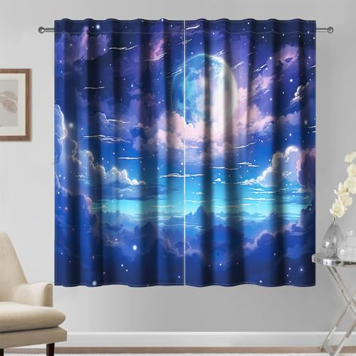 Kzzfqxb 117×183cm Nachtshimmel Vorhangset mit 2 Paneelen, Blauer Himmel, Nachtshimmel, Blauer Mond, Wolkenhimmel, Fenstervorhänge für Mädchen und Jungen, Schlafzimmer Wohnzimmer Drape Vorhänge