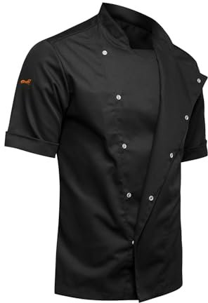 strongAnt Kochjacke Herren Slim Fit Soft Baumwolle mit Druckknöpfen Bäckerjacke Kurzarm - Schwarz, L