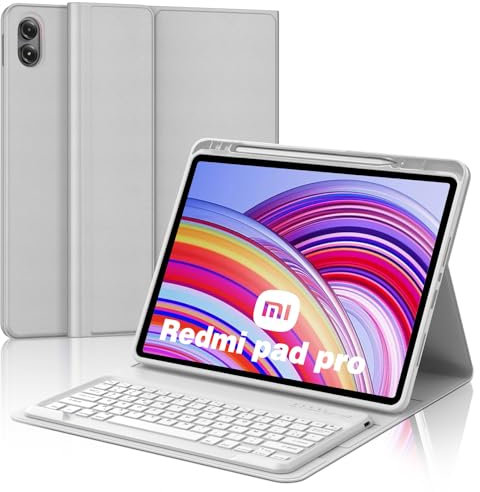 JADEMALL Clavier Redmi Pad Pro 12.1 Pouces 2024, Coque Clavier pour Redmi Pad Pro 12.1, AZERTY Français Bluetooth Magnétique Détachable avec Fente pour Stylo, Gris Clair