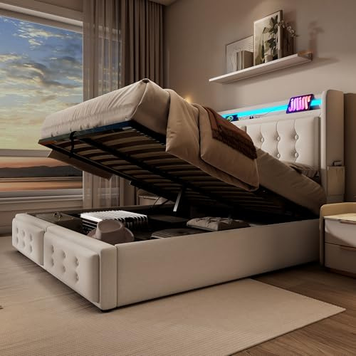 Fppuueg Cama 180x200 con Cabecero LED y Almacenaje Hidráulica, Camas Matrimoniales con 2 Enchufes y USB y TipoC, Cama Tapizada con Soporte de Láminas de Madera, Algodón, Beige, Sin Colchon